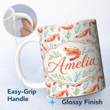 Personalized Custom Name Watercolour Prawn and Seaweed Coastal Seamless Pattern Lovely 11oz Ceramic Coffee Tea Mug White Large Handle