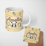 Personalized Custom Name Cute Panda Bear with Bamboo Leaves Floral Pattern Warm Beige Lovely 11oz Ceramic Coffee Tea Mug White Large Handle