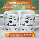 Personalized Custom Name Cute Halloween Dracula Ghost Bats on Soft Blue Background Seamless 11oz Ceramic Coffee Tea Mug White Large Handle