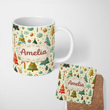 Personalized Custom Name Whimsical Christmas Trees with Candy Canes Baubles and Snowflakes 11oz Ceramic Coffee Tea Mug White Large Handle