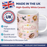 Personalized Custom Name Cute Safari Animals Lion Meerkat Toucan and Warthog with Sun 11oz Ceramic Coffee Tea Mug White Large Handle