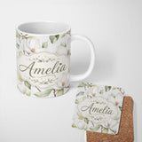 Personalized Custom Name Realistic White Magnolia Bloom and Leaves Seamless Pattern Lovely 11oz Ceramic Coffee Tea Mug White Large Handle