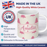 Personalized Custom Name Minimal Pink Christmas Trees Snowflakes Seamless Pattern Lovely 11oz Ceramic Coffee Tea Mug White Large Handle
