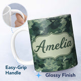 Personalized Custom Name Muted Sage Camouflage Seamless Pattern Thoughtful Gift Idea Lovely 11oz Ceramic Coffee Tea Mug White Large Handle