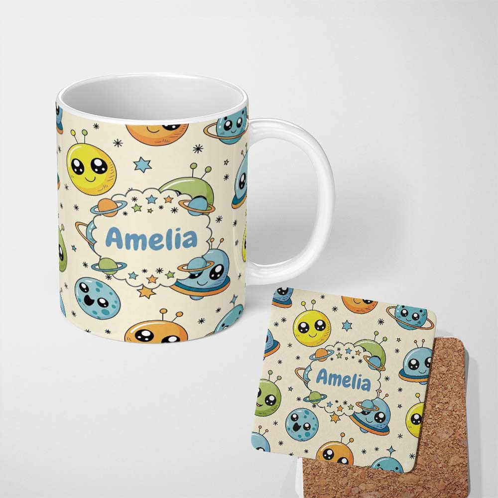 Personalized Custom Name Cute Kawaii Space Planets Aliens Stars Galaxy Seamless Pattern 11oz Ceramic Coffee Tea Mug White Large Handle