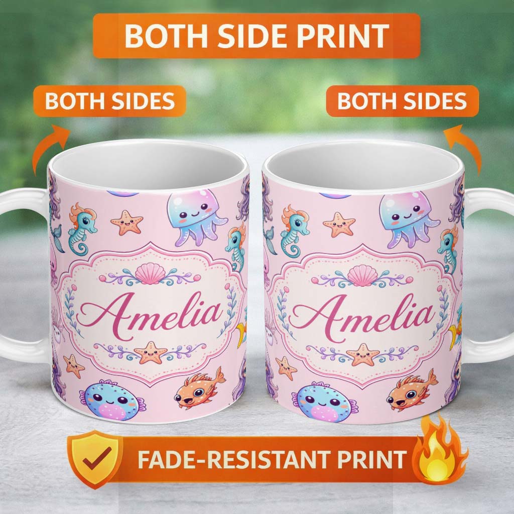Personalized Custom Name Cute Cartoon Mermaid with Sea Creatures on Soft Pink Background Kids 11oz Ceramic Coffee Tea Mug White Large Handle