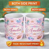 Personalized Custom Name Cute Cartoon Mermaid with Sea Creatures on Soft Pink Background Kids 11oz Ceramic Coffee Tea Mug White Large Handle