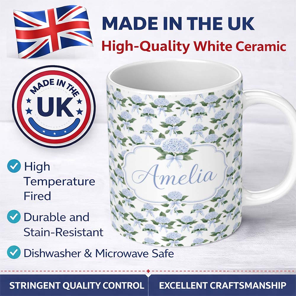 Personalized Custom Name Blue Hydrangea Bouquet Ribbon Floral Seamless Pattern Lovely 11oz Ceramic Coffee Tea Mug White Large Handle