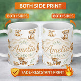 Personalized Custom Name Cute Baby Jungle Animals with Leaves on Grey Background Seamless 11oz Ceramic Coffee Tea Mug White Large Handle