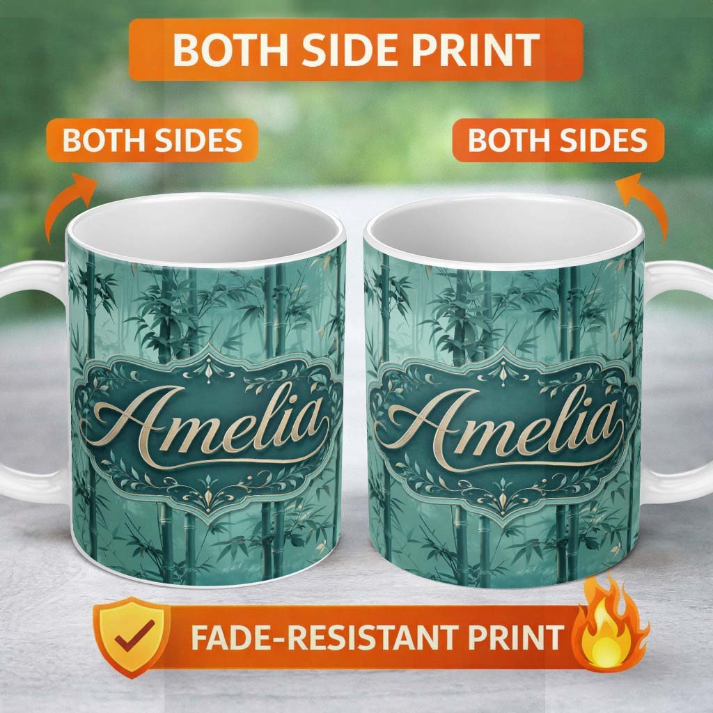 Personalized Custom Name Elegant Bamboo Stalks and Leaves Pattern Calm Green Botanical Lovely 11oz Ceramic Coffee Tea Mug White Large Handle