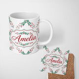 Personalized Custom Name Watercolor Holly Berry Wreath Leaves Festive Seamless Pattern Lovely 11oz Ceramic Coffee Tea Mug White Large Handle