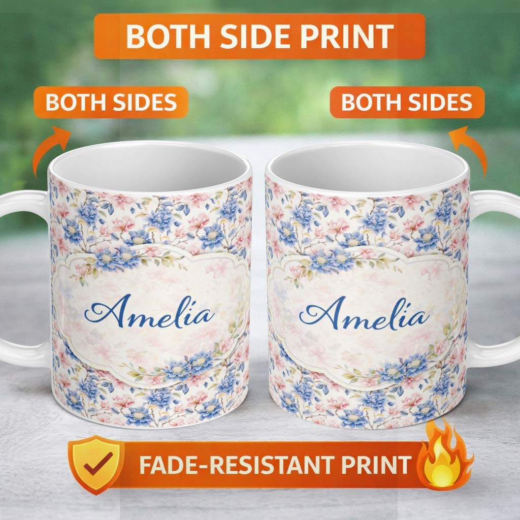 Personalized Custom Name Vintage Chrysanthemum Floral Seamless Pattern Beige and Gold Lovely 11oz Ceramic Coffee Tea Mug White Large Handle