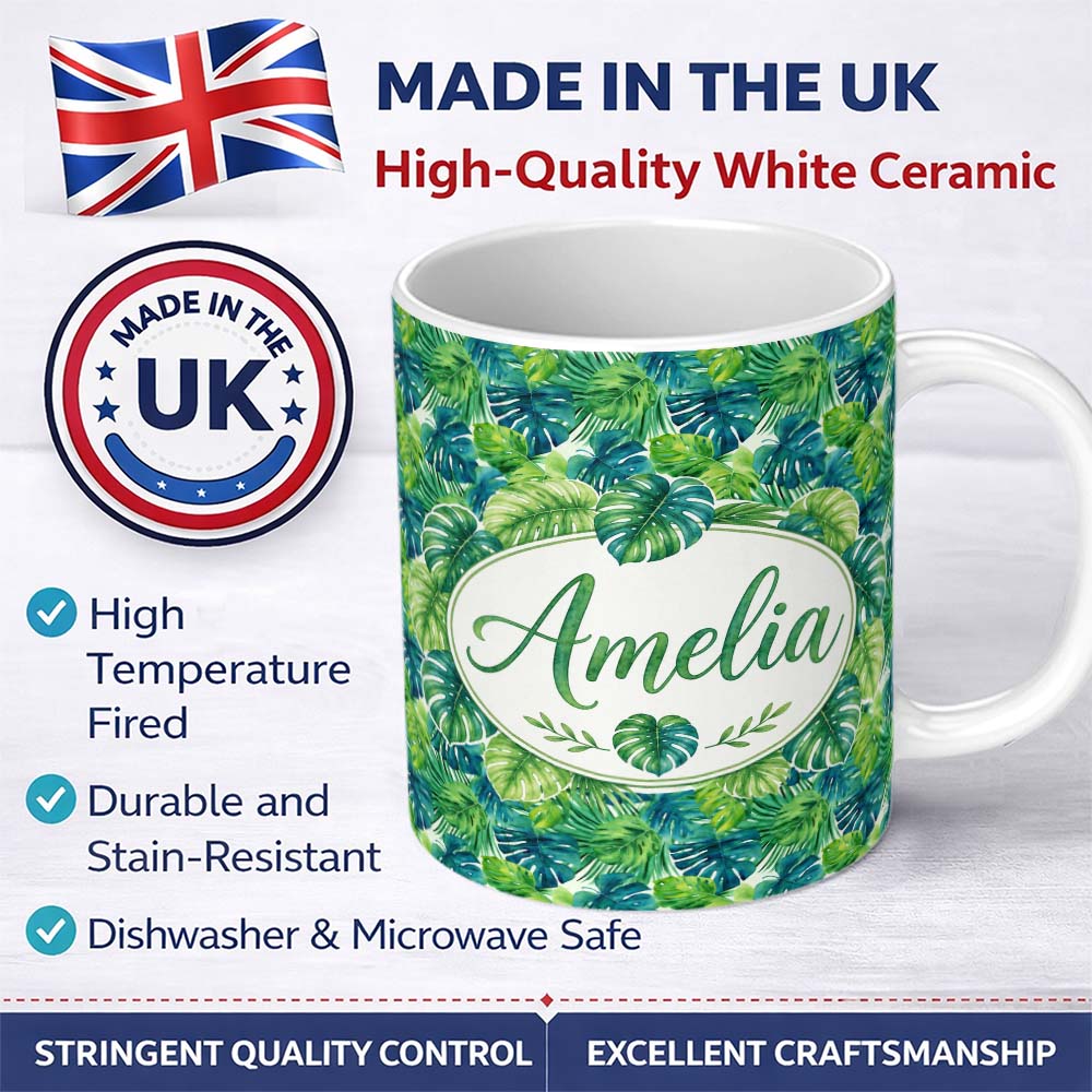 Personalized Custom Name Layered Green Tropical Leaves Botanical Seamless Pattern Lovely 11oz Ceramic Coffee Tea Mug White Large Handle