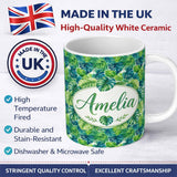 Personalized Custom Name Layered Green Tropical Leaves Botanical Seamless Pattern Lovely 11oz Ceramic Coffee Tea Mug White Large Handle