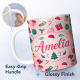 Personalized Custom Name Cute Gingerbread Candy Cane Bauble Tree Seamless Pattern Lovely 11oz Ceramic Coffee Tea Mug White Large Handle