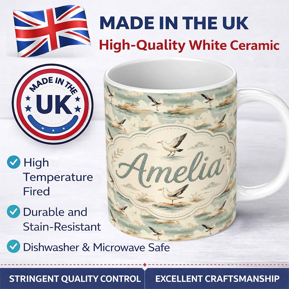 Personalized Custom Name Vintage Coastal Scene Seagulls on Shore Landscape Seamless Pattern 11oz Ceramic Coffee Tea Mug White Large Handle