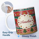Personalized Custom Name Nordic Deer Heart Tree Knit Pattern Red Green White Festive Seamless 11oz Ceramic Coffee Tea Mug White Large Handle