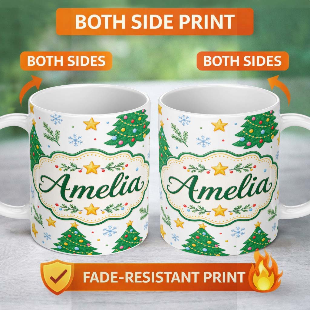 Personalized Custom Name Decorated Christmas Trees Stars Snowflakes Festive Seamless Pattern 11oz Ceramic Coffee Tea Mug White Large Handle