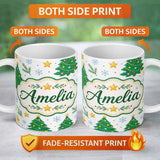 Personalized Custom Name Decorated Christmas Trees Stars Snowflakes Festive Seamless Pattern 11oz Ceramic Coffee Tea Mug White Large Handle