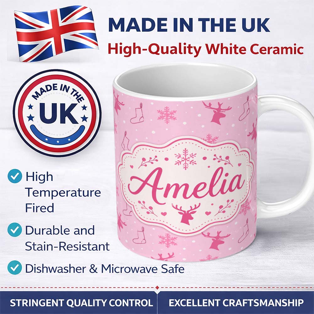 Personalized Custom Name Pink Reindeer Snowflake Winter Stocking Seamless Pattern Lovely 11oz Ceramic Coffee Tea Mug White Large Handle