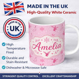 Personalized Custom Name Pink Reindeer Snowflake Winter Stocking Seamless Pattern Lovely 11oz Ceramic Coffee Tea Mug White Large Handle