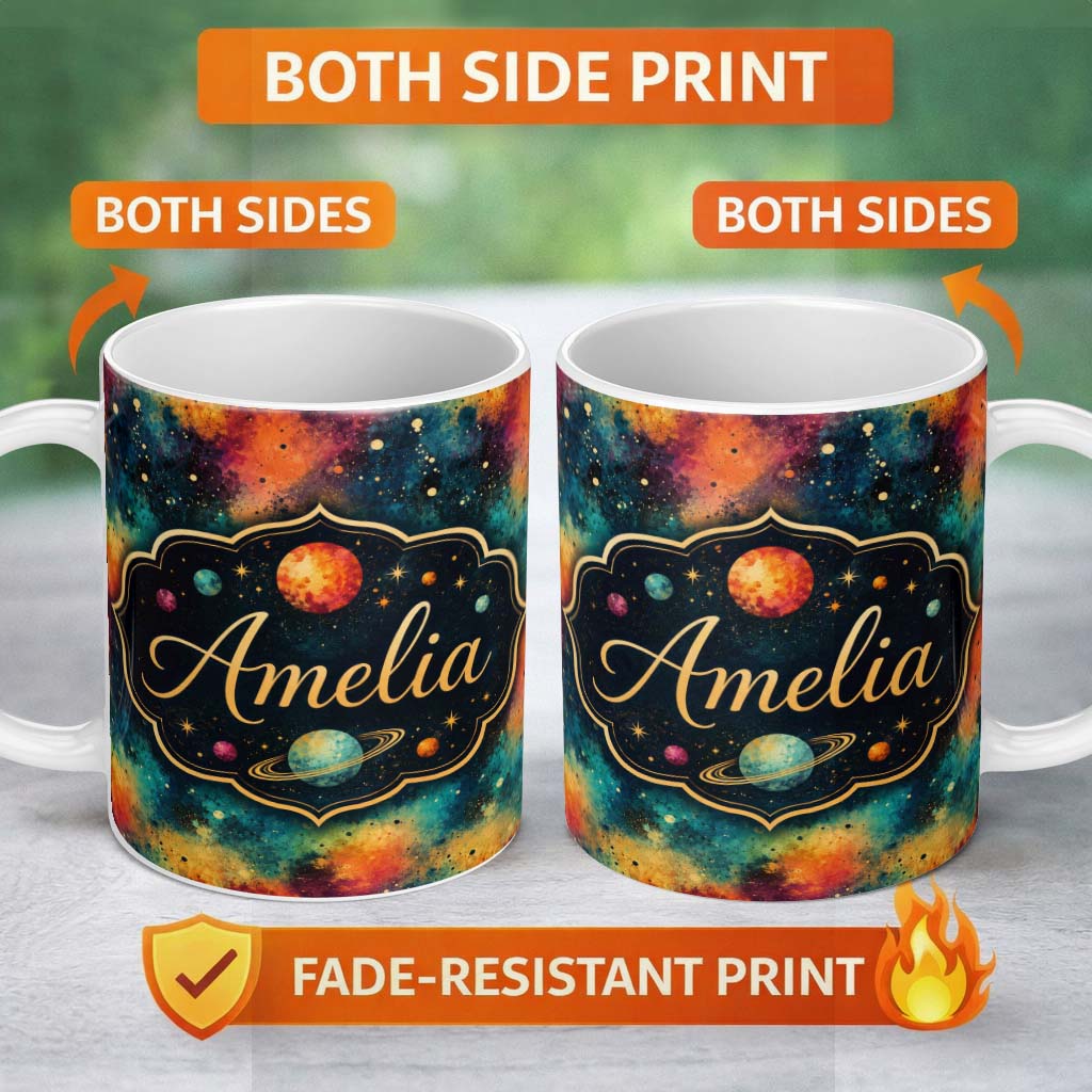 Personalized Custom Name Multicolor Nebula Splatter Galaxy Space Seamless Pattern Bright 11oz Ceramic Coffee Tea Mug White Large Handle
