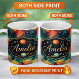 Personalized Custom Name Multicolor Nebula Splatter Galaxy Space Seamless Pattern Bright 11oz Ceramic Coffee Tea Mug White Large Handle