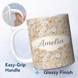 Personalized Custom Name Soft Yellow White Floral Ditsy Seamless Pattern Cute Unique Gift 11oz Ceramic Coffee Tea Mug White Large Handle