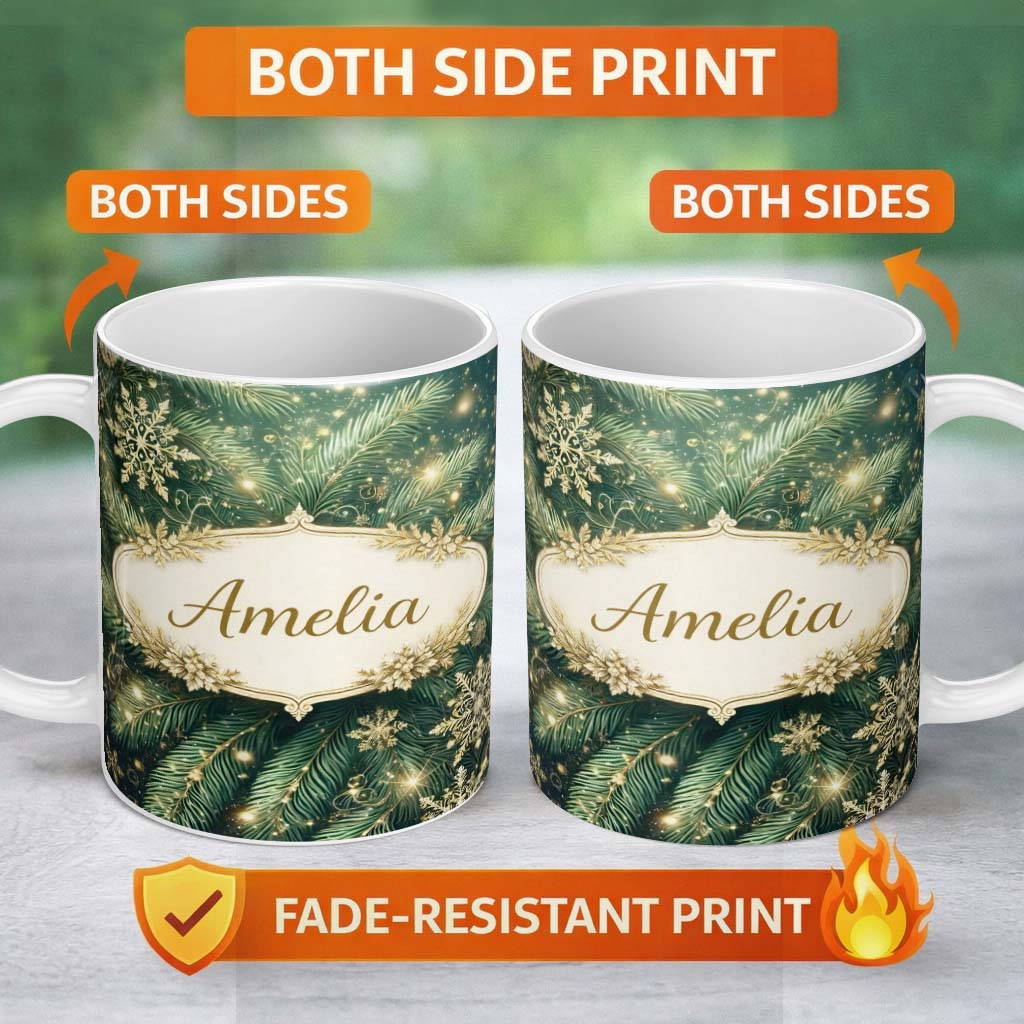 Personalized Custom Name Festive Green Pine and Snowflake Decorative Seamless Pattern Lovely 11oz Ceramic Coffee Tea Mug White Large Handle