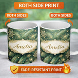 Personalized Custom Name Festive Green Pine and Snowflake Decorative Seamless Pattern Lovely 11oz Ceramic Coffee Tea Mug White Large Handle