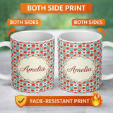 Personalized Custom Name Floral Tile Pattern Red and Blue Geometric Botanical Seamless Design 11oz Ceramic Coffee Tea Mug White Large Handle