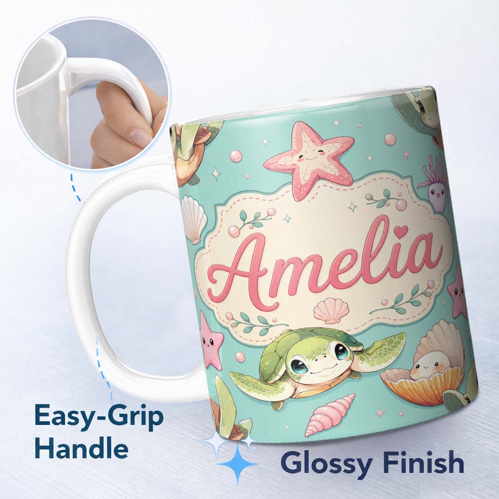 Personalized Custom Name Cute Sea Turtle Starfish Shell Kawaii Ocean Seamless Pattern Teal 11oz Ceramic Coffee Tea Mug White Large Handle