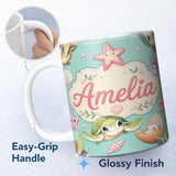 Personalized Custom Name Cute Sea Turtle Starfish Shell Kawaii Ocean Seamless Pattern Teal 11oz Ceramic Coffee Tea Mug White Large Handle