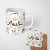 Personalized Custom Name Cute Alpaca Llama Farm Animals Floral Seamless Pattern Light Grey 11oz Ceramic Coffee Tea Mug White Large Handle