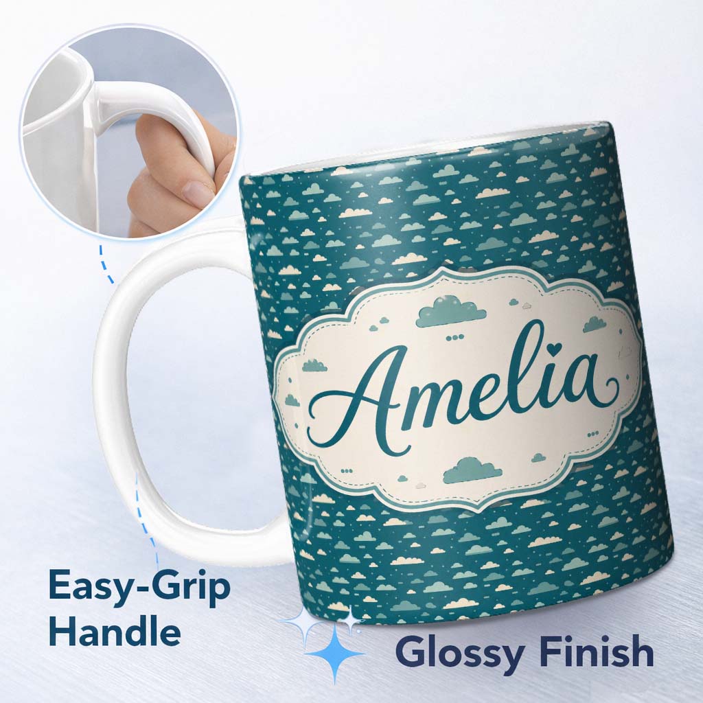 Personalized Custom Name Small Scale Cloud Pattern Teal Background Soft Neutral Clouds Lovely 11oz Ceramic Coffee Tea Mug White Large Handle