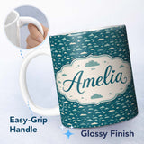 Personalized Custom Name Small Scale Cloud Pattern Teal Background Soft Neutral Clouds Lovely 11oz Ceramic Coffee Tea Mug White Large Handle