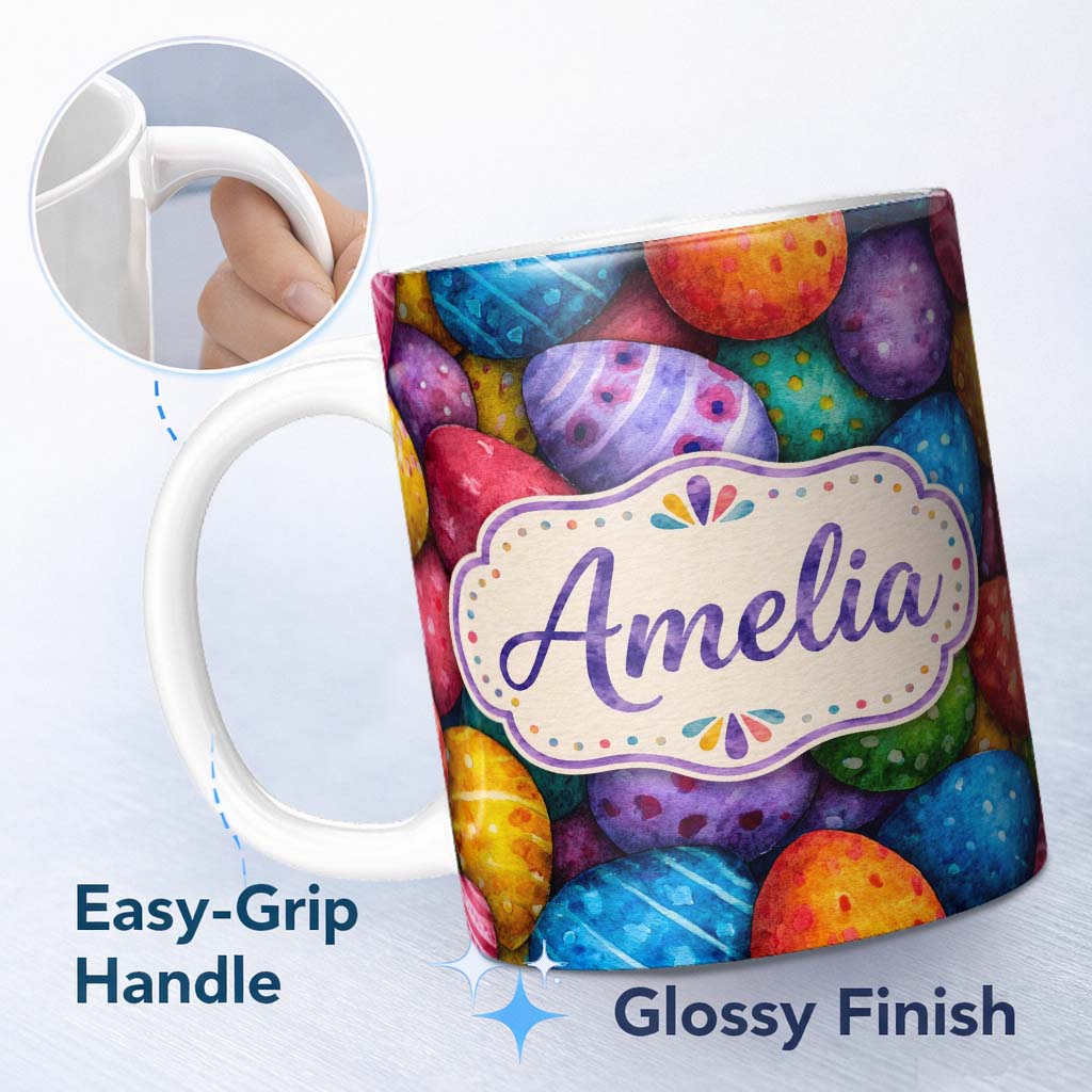 Personalized Custom Name Hand Painted Easter Egg Pattern with Dots and Decorative Details 11oz Ceramic Coffee Tea Mug White Large Handle