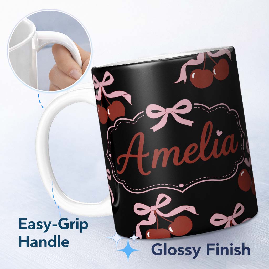 Personalized Custom Name Cherry Bow Ribbon Cute Minimal Black Background Seamless Pattern 11oz Ceramic Coffee Tea Mug White Large Handle