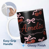 Personalized Custom Name Cherry Bow Ribbon Cute Minimal Black Background Seamless Pattern 11oz Ceramic Coffee Tea Mug White Large Handle