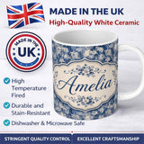 Personalized Custom Name Indigo Blue Abstract Floral Splash Seamless with Soft Watercolour 11oz Ceramic Coffee Tea Mug White Large Handle