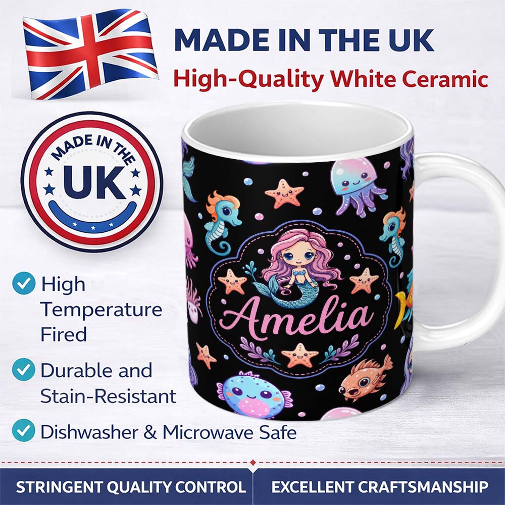 Personalized Custom Name Cute Cartoon Mermaid with Sea Creatures on Black Background Kids 11oz Ceramic Coffee Tea Mug White Large Handle