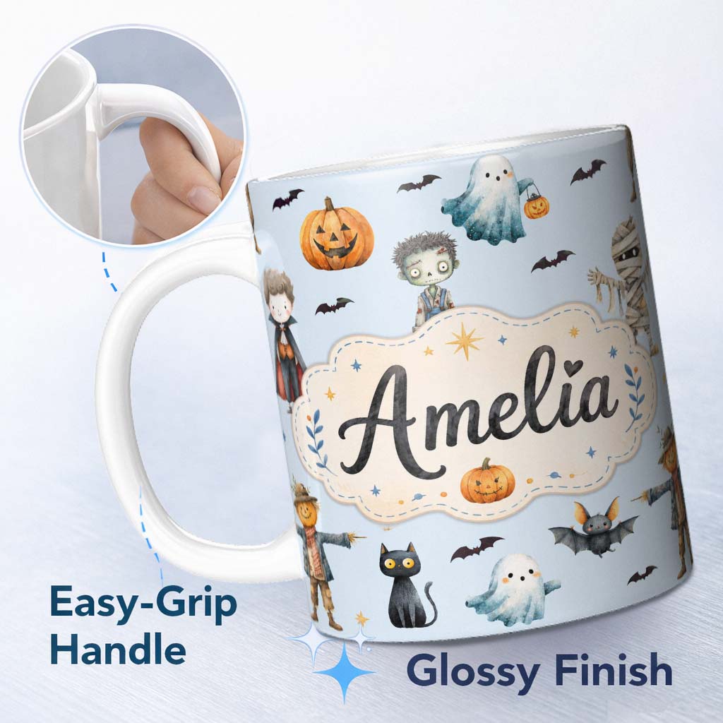 Personalized Custom Name Cute Halloween Zombie Mummy Vampire Bat Spooky Blue Background 11oz Ceramic Coffee Tea Mug White Large Handle