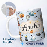 Personalized Custom Name Cute Halloween Zombie Mummy Vampire Bat Spooky Blue Background 11oz Ceramic Coffee Tea Mug White Large Handle