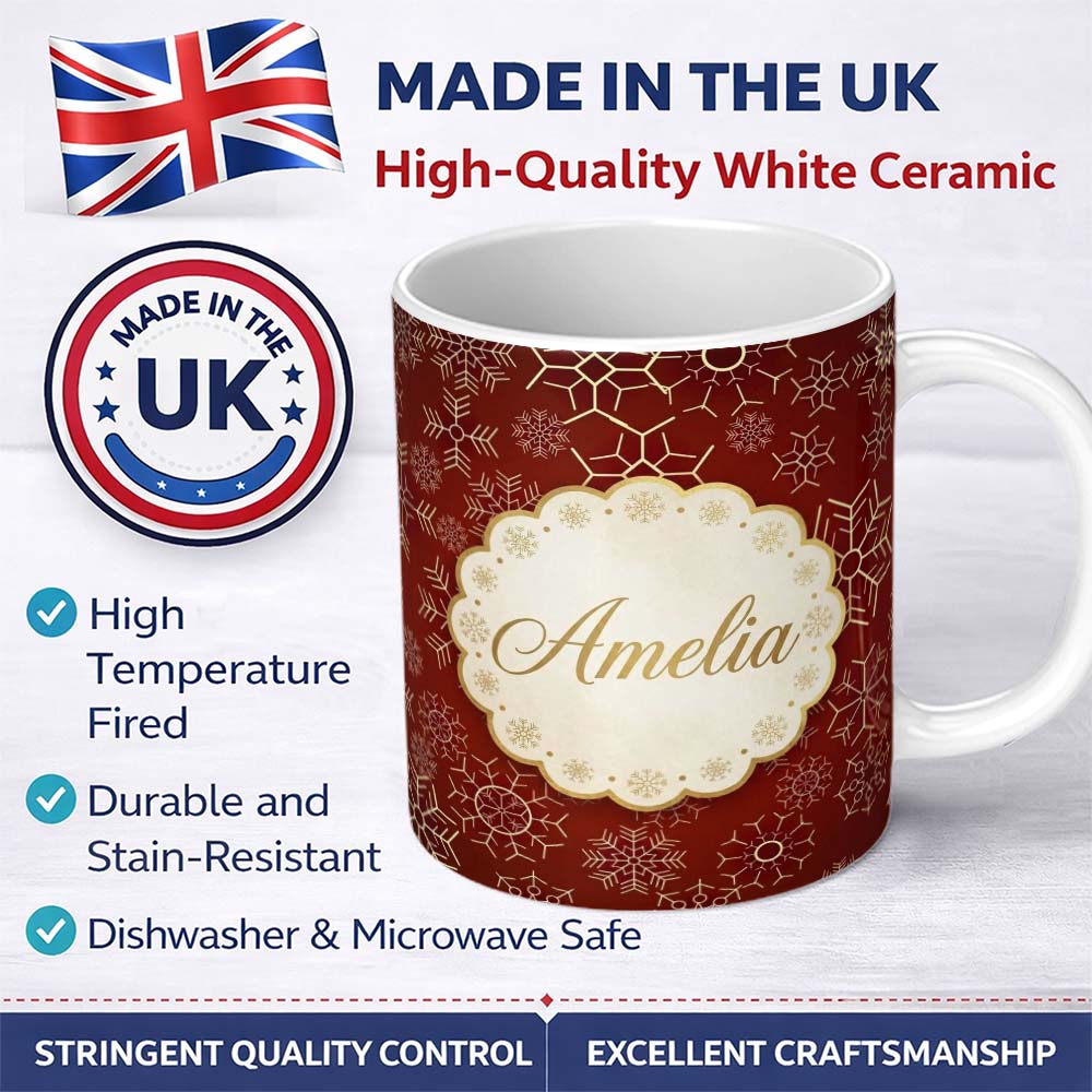 Personalized Custom Name Elegant Gold Snowflake Red Background Christmas Seamless Pattern 11oz Ceramic Coffee Tea Mug White Large Handle