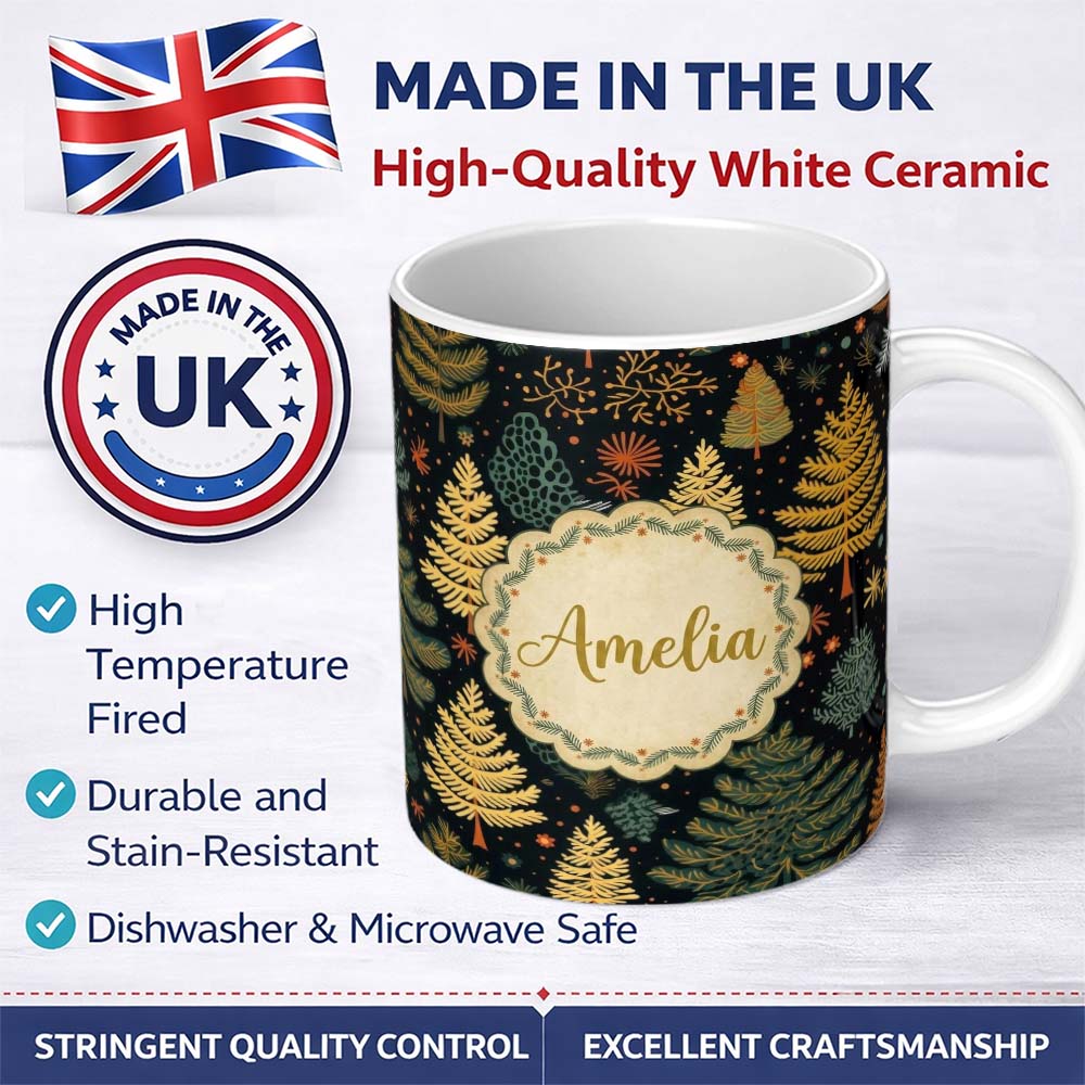 Personalized Custom Name Modern Christmas Trees Golden Leaves Dark Background Festive Lovely 11oz Ceramic Coffee Tea Mug White Large Handle