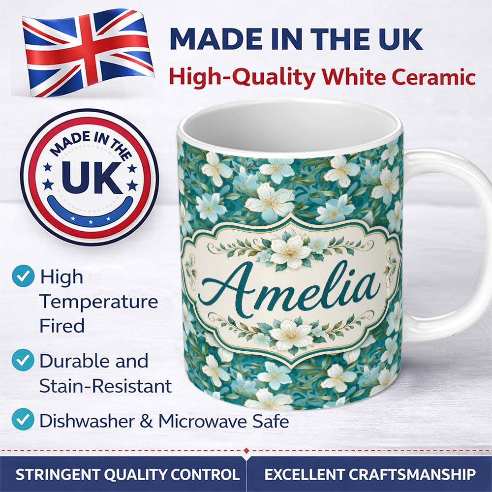 Personalized Custom Name Aqua Floral Blossom Pattern with Soft White Flowers and Green Leaves 11oz Ceramic Coffee Tea Mug White Large Handle
