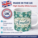 Personalized Custom Name Aqua Floral Blossom Pattern with Soft White Flowers and Green Leaves 11oz Ceramic Coffee Tea Mug White Large Handle