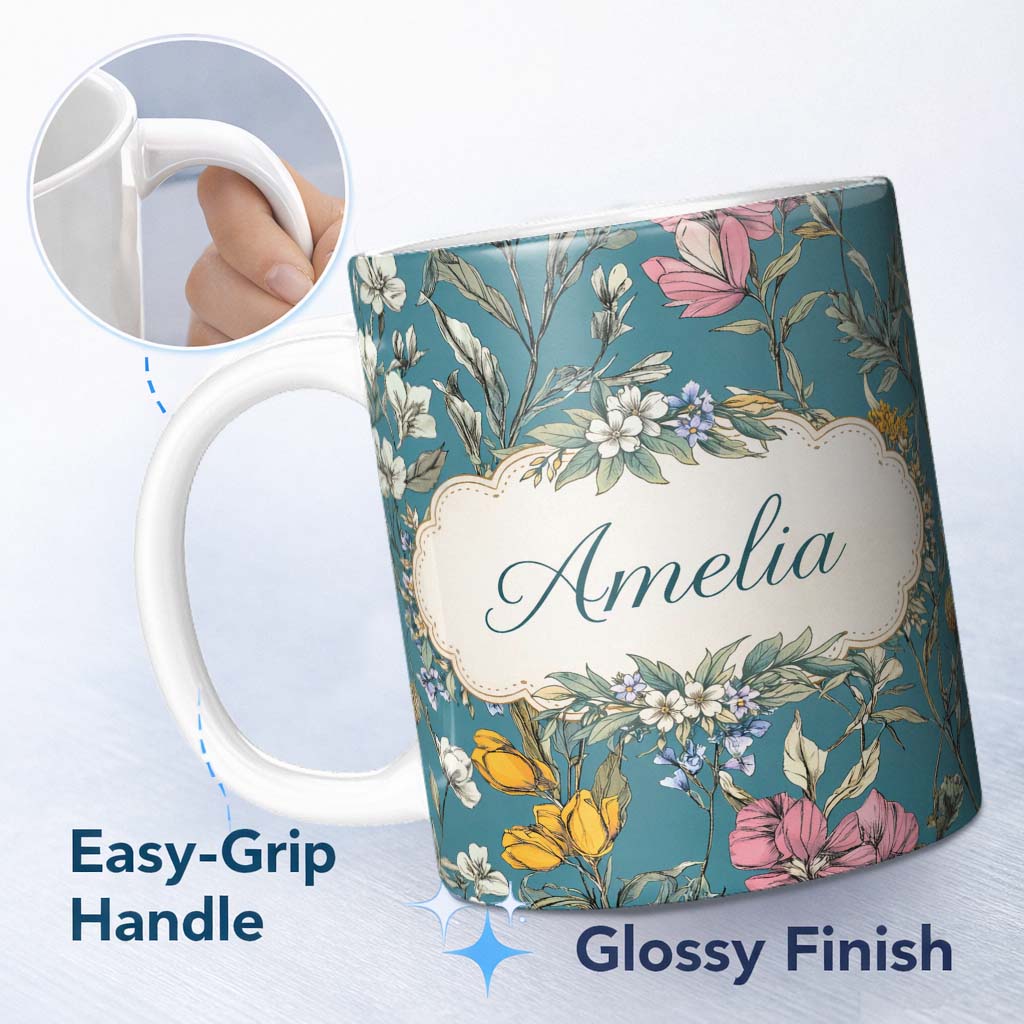 Personalized Custom Name Minimal Daisy Flower Soft Green Seamless Pattern Cute Unique Gift 11oz Ceramic Coffee Tea Mug White Large Handle