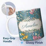 Personalized Custom Name Minimal Daisy Flower Soft Green Seamless Pattern Cute Unique Gift 11oz Ceramic Coffee Tea Mug White Large Handle