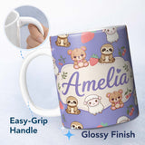 Personalized Custom Name Cute Baby Animals Bear Sheep Sloth Strawberry Cherry Purple Lovely 11oz Ceramic Coffee Tea Mug White Large Handle